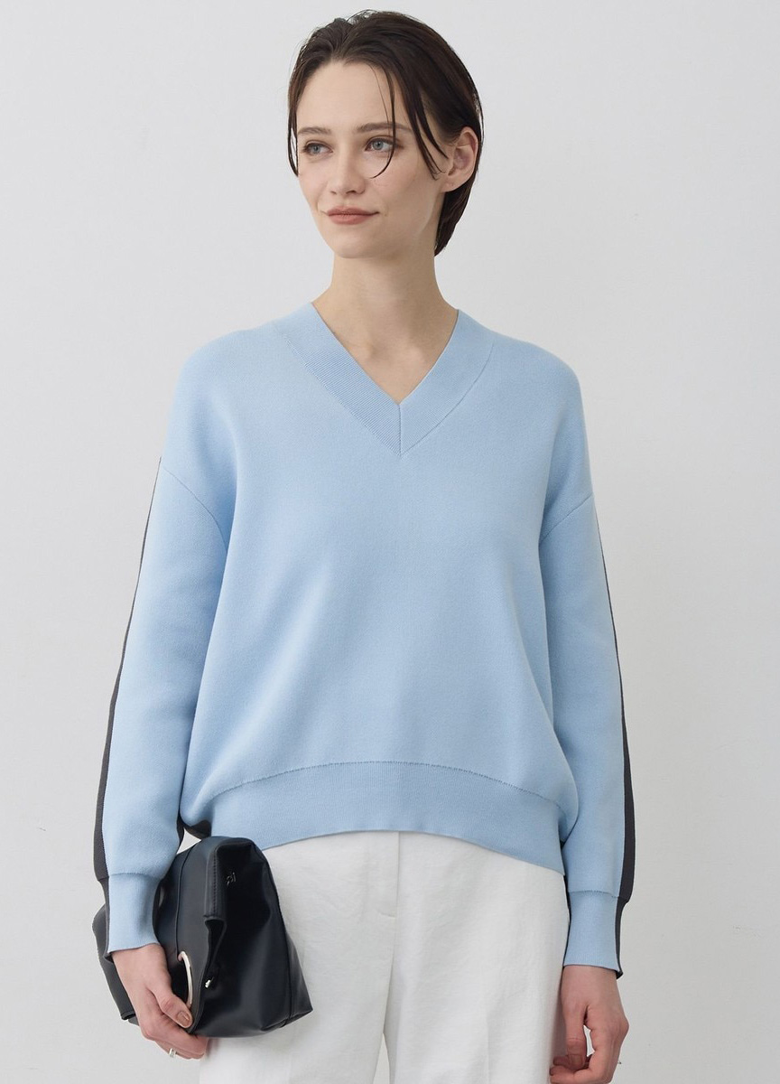 混棉V領拼色針織上衣